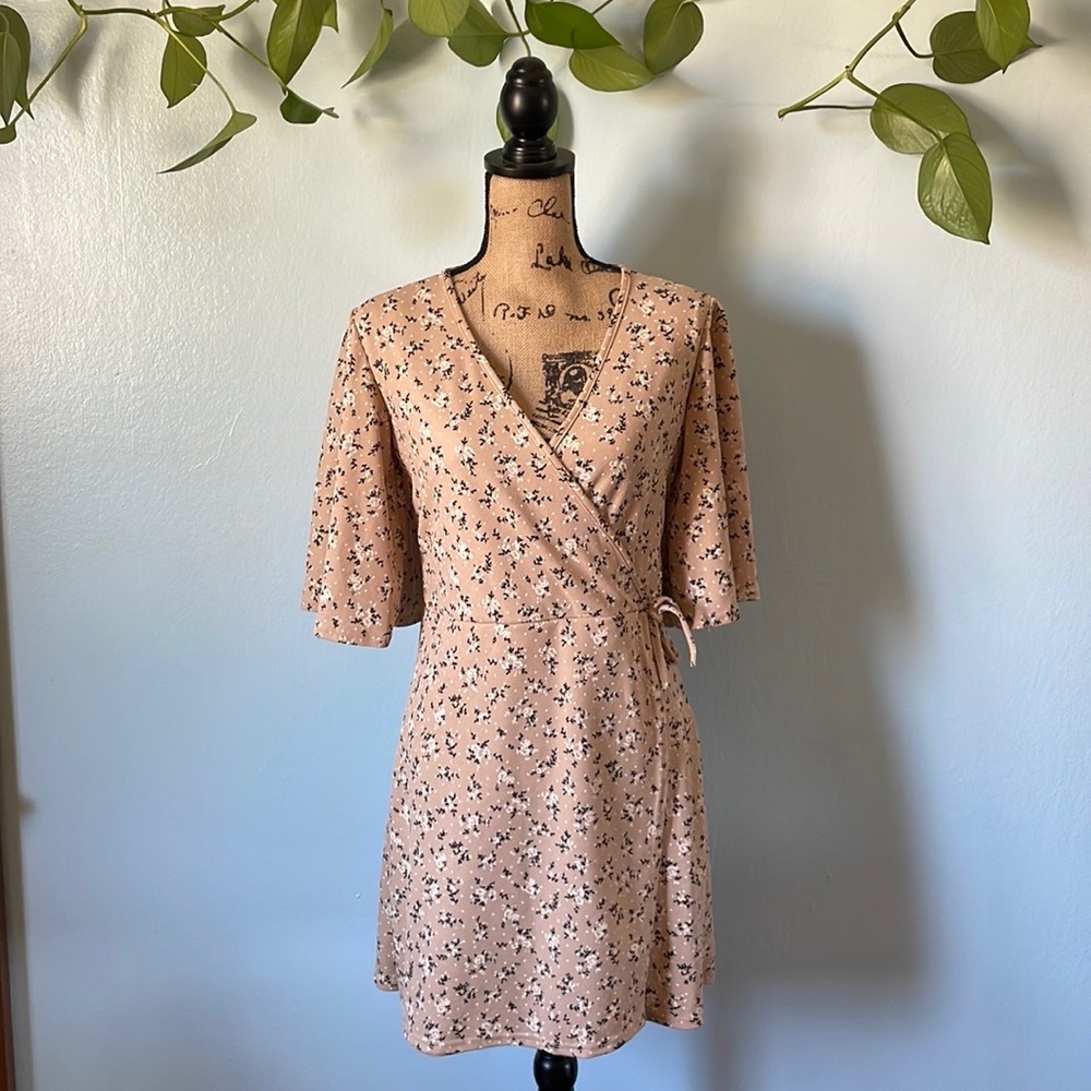 Beige Ditsy Floral Tie Wrap Tea Dress